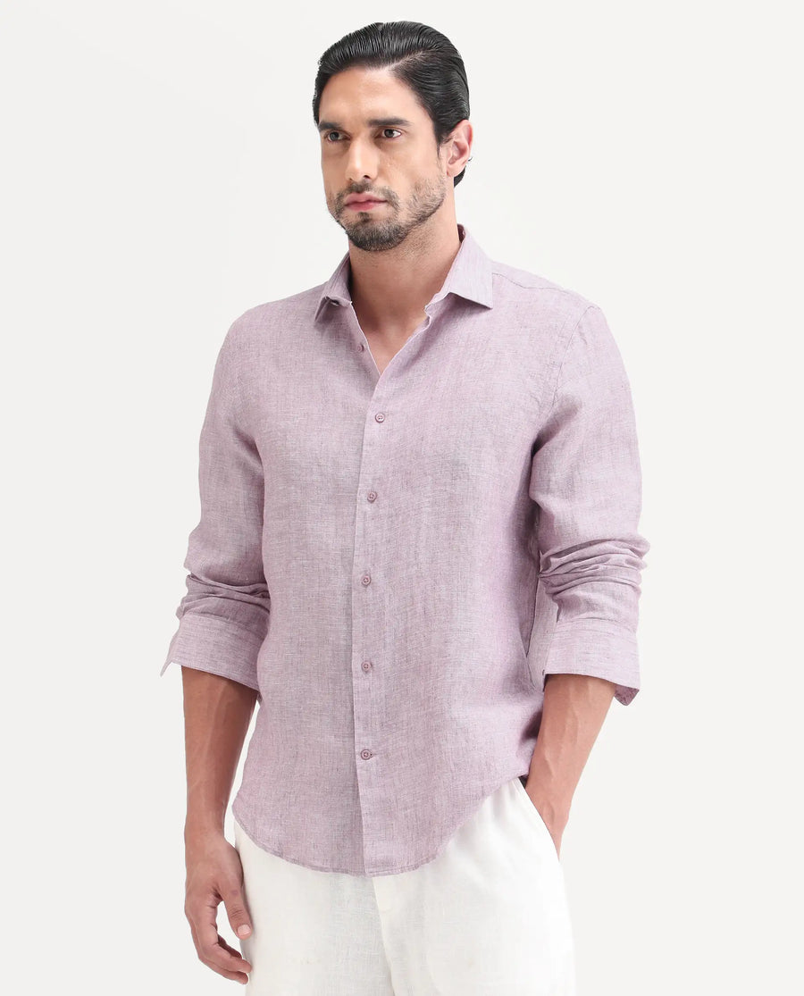 Rare Rabbit Men's Borium-26 Pink 100% Linen Full Sleeve Spread Collar Regular Fit Plain Shirt