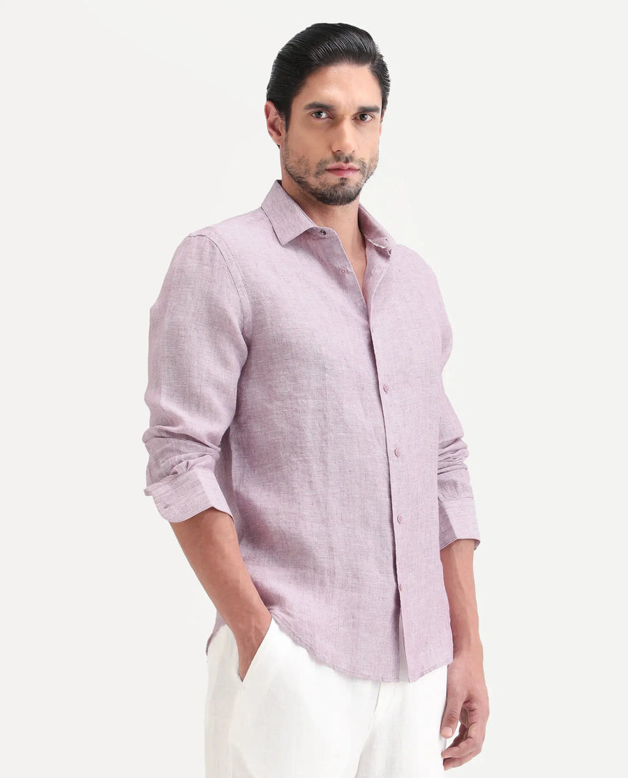 Rare Rabbit Men's Borium-26 Pink 100% Linen Full Sleeve Spread Collar Regular Fit Plain Shirt