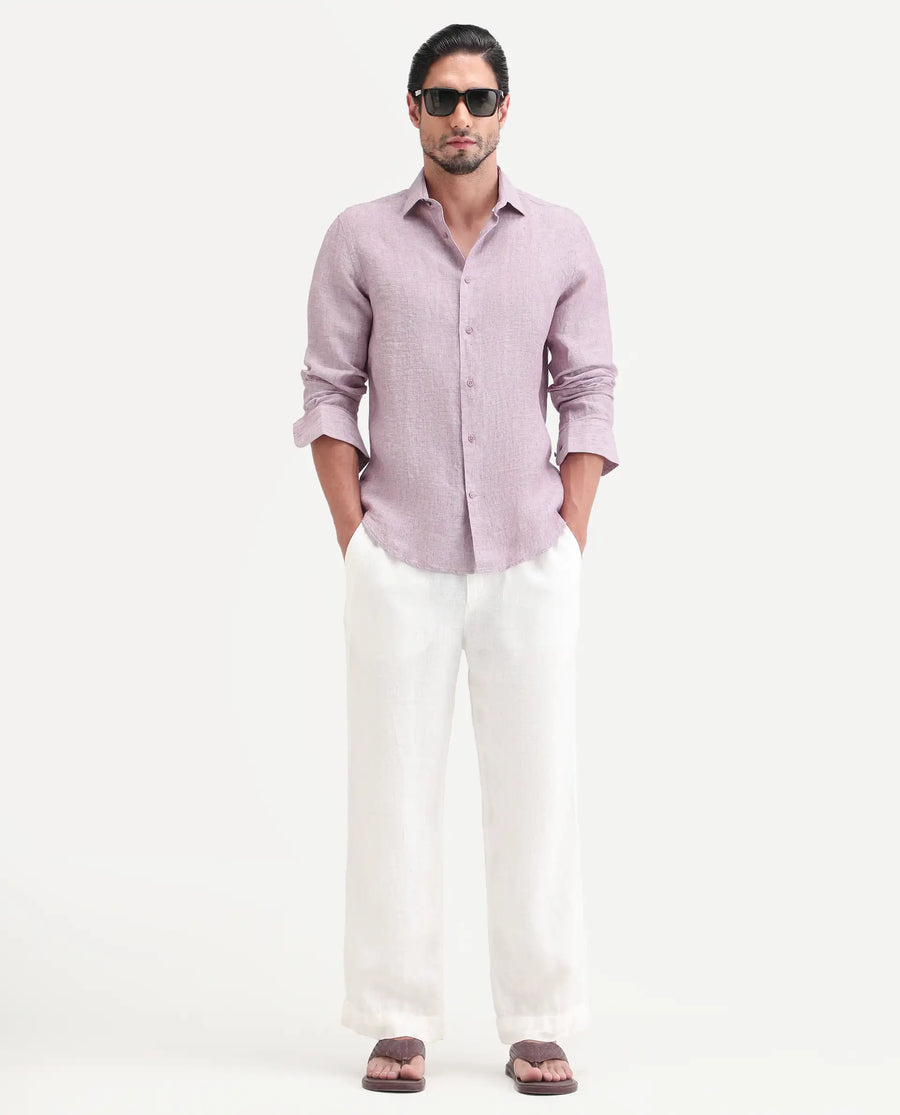 Rare Rabbit Men's Borium-26 Pink 100% Linen Full Sleeve Spread Collar Regular Fit Plain Shirt