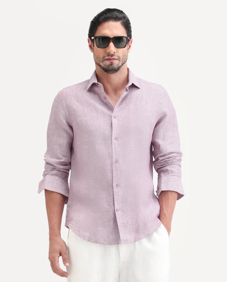 Rare Rabbit Men's Borium-26 Pink 100% Linen Full Sleeve Spread Collar Regular Fit Plain Shirt