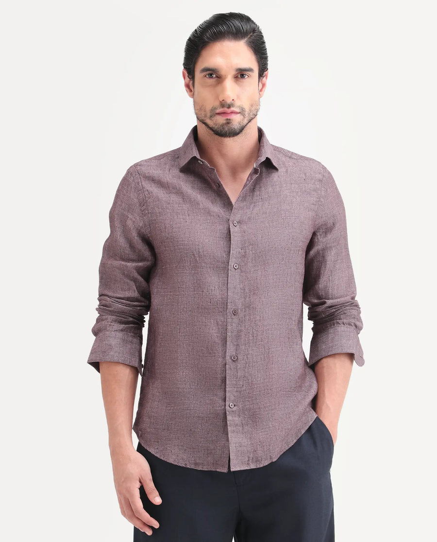 Rare Rabbit Men's Borium-D-26 Dark Purple 100% Linen Full Sleeve Spread Collar Regular Fit Plain Shirt