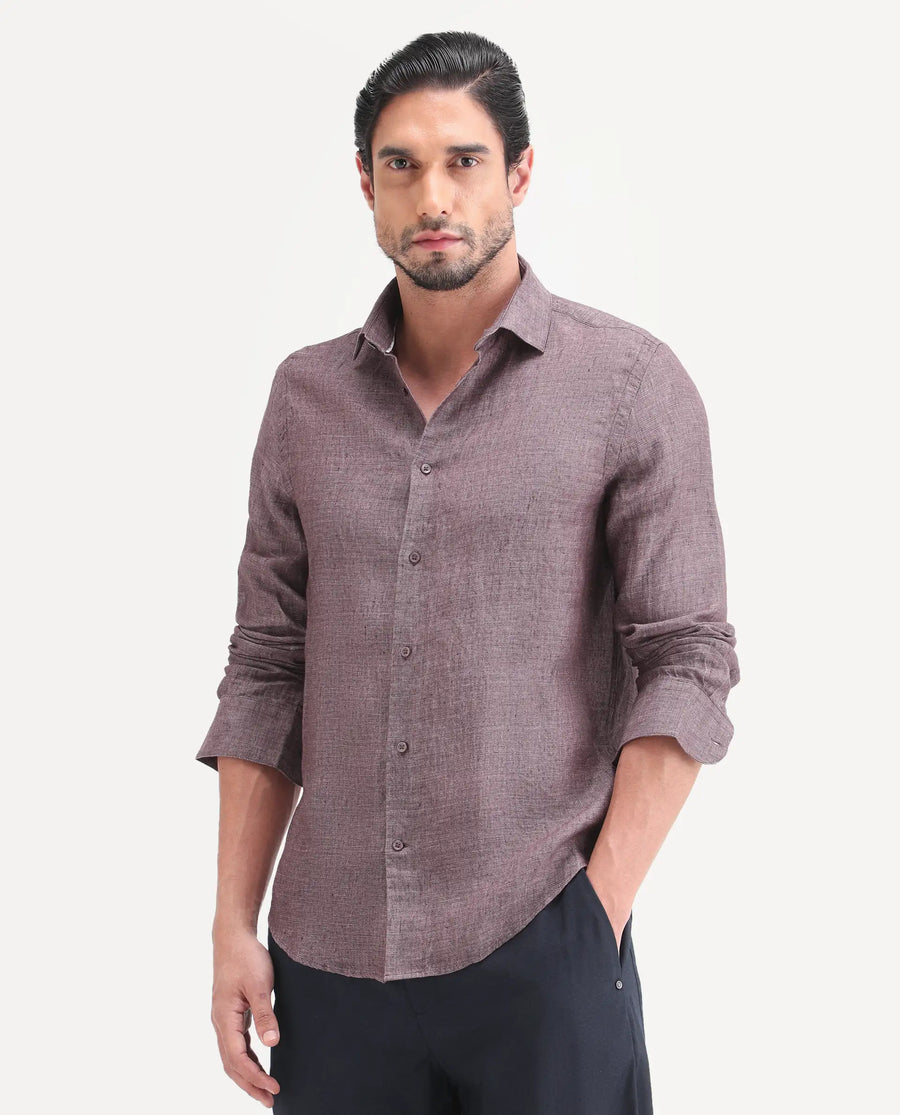Rare Rabbit Men's Borium-D-26 Dark Purple 100% Linen Full Sleeve Spread Collar Regular Fit Plain Shirt