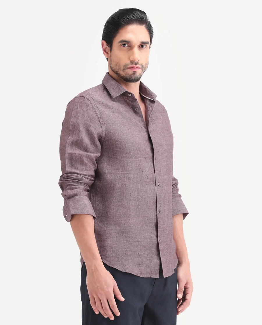 Rare Rabbit Men's Borium-D-26 Dark Purple 100% Linen Full Sleeve Spread Collar Regular Fit Plain Shirt