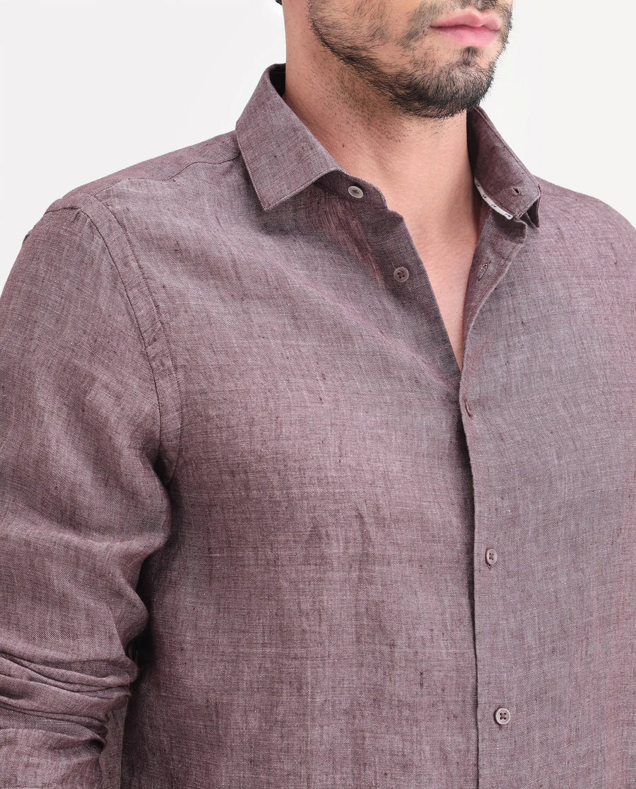 Rare Rabbit Men's Borium-D-26 Dark Purple 100% Linen Full Sleeve Spread Collar Regular Fit Plain Shirt