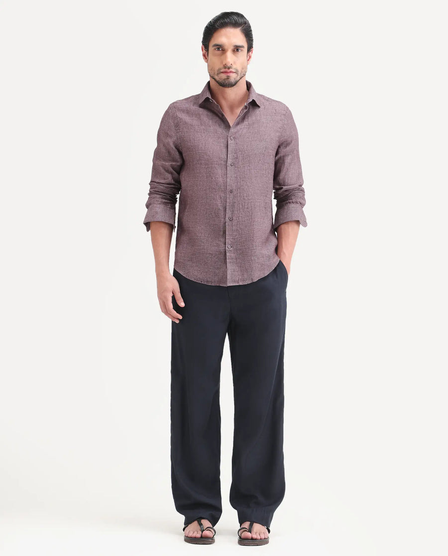Rare Rabbit Men's Borium-D-26 Dark Purple 100% Linen Full Sleeve Spread Collar Regular Fit Plain Shirt