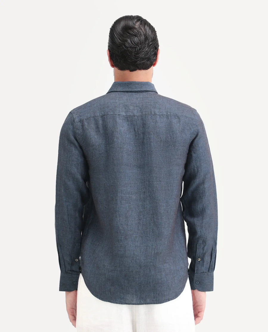 Rare Rabbit Men's Borium-D-26 Dark Blue 100% Linen Full Sleeve Spread Collar Regular Fit Plain Shirt