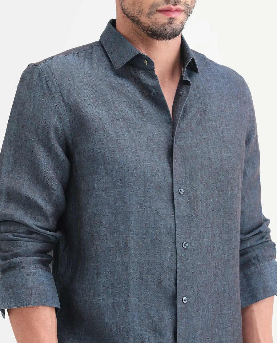 Rare Rabbit Men's Borium-D-26 Dark Blue 100% Linen Full Sleeve Spread Collar Regular Fit Plain Shirt