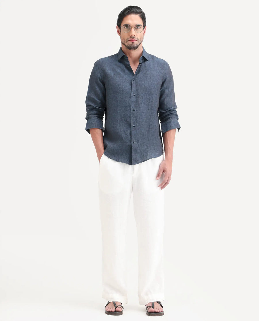 Rare Rabbit Men's Borium-D-26 Dark Blue 100% Linen Full Sleeve Spread Collar Regular Fit Plain Shirt