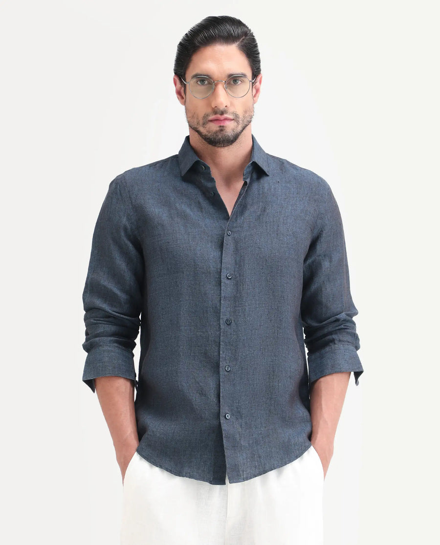 Rare Rabbit Men's Borium-D-26 Dark Blue 100% Linen Full Sleeve Spread Collar Regular Fit Plain Shirt