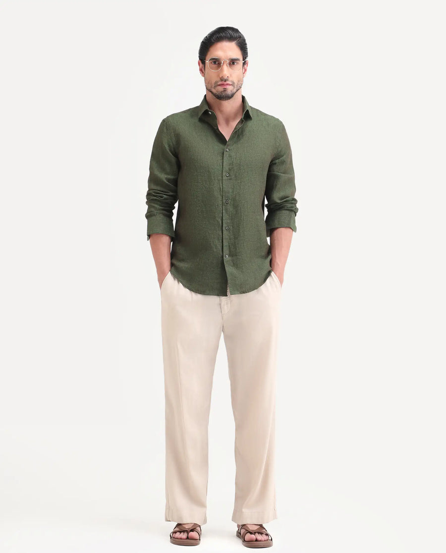 Rare Rabbit Men's Borium-D-26 Dark Green 100% Linen Full Sleeve Spread Collar Regular Fit Plain Shirt