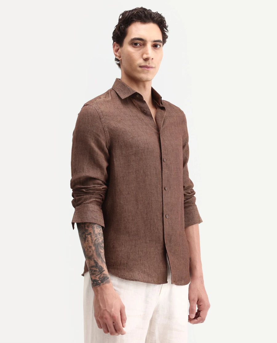 Rare Rabbit Men's Borium-D-26 Dark Brown 100% Linen Full Sleeve Spread Collar Regular Fit Plain Shirt