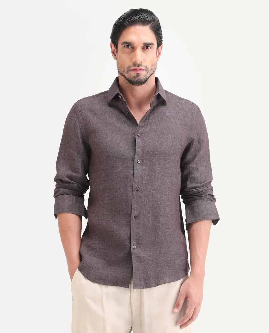 Rare Rabbit Men's Borium-D-26 Dark Grey 100% Linen Full Sleeve Spread Collar Regular Fit Plain Shirt