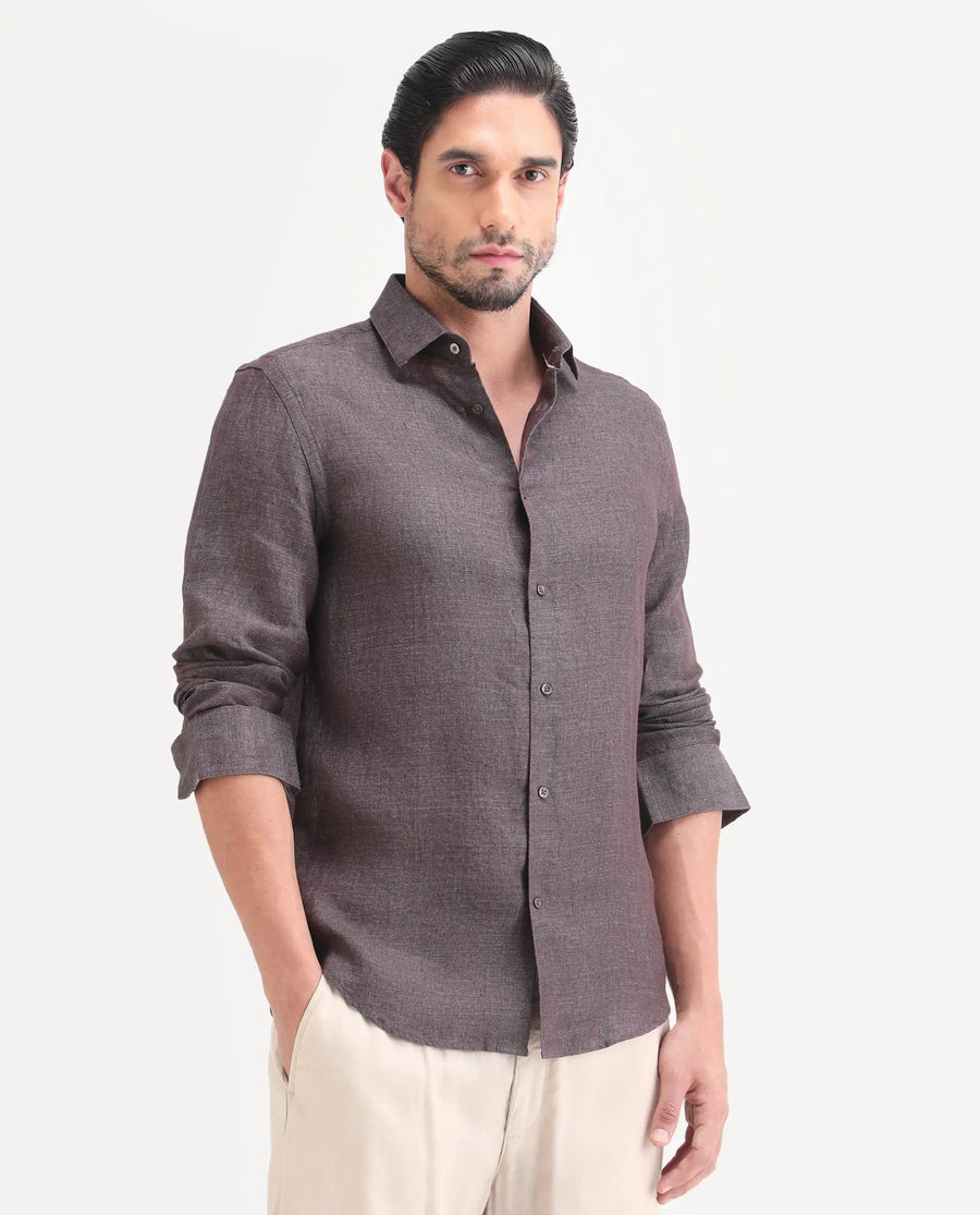 Rare Rabbit Men's Borium-D-26 Dark Grey 100% Linen Full Sleeve Spread Collar Regular Fit Plain Shirt