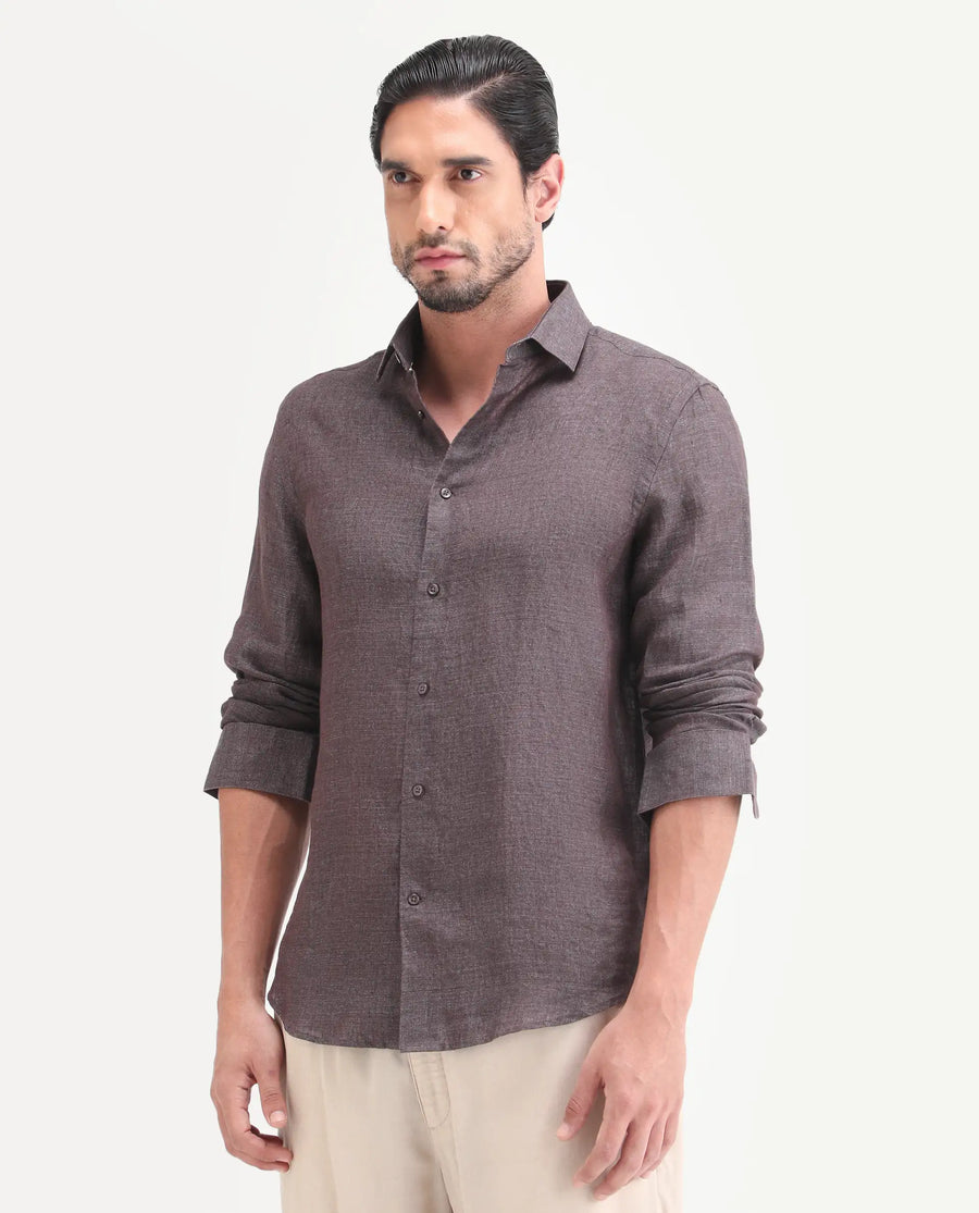 Rare Rabbit Men's Borium-D-26 Dark Grey 100% Linen Full Sleeve Spread Collar Regular Fit Plain Shirt