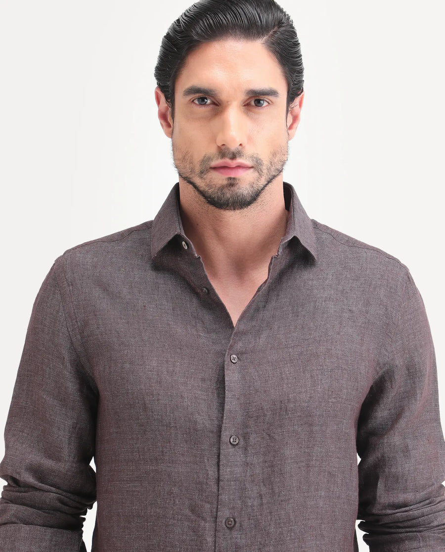 Rare Rabbit Men's Borium-D-26 Dark Grey 100% Linen Full Sleeve Spread Collar Regular Fit Plain Shirt