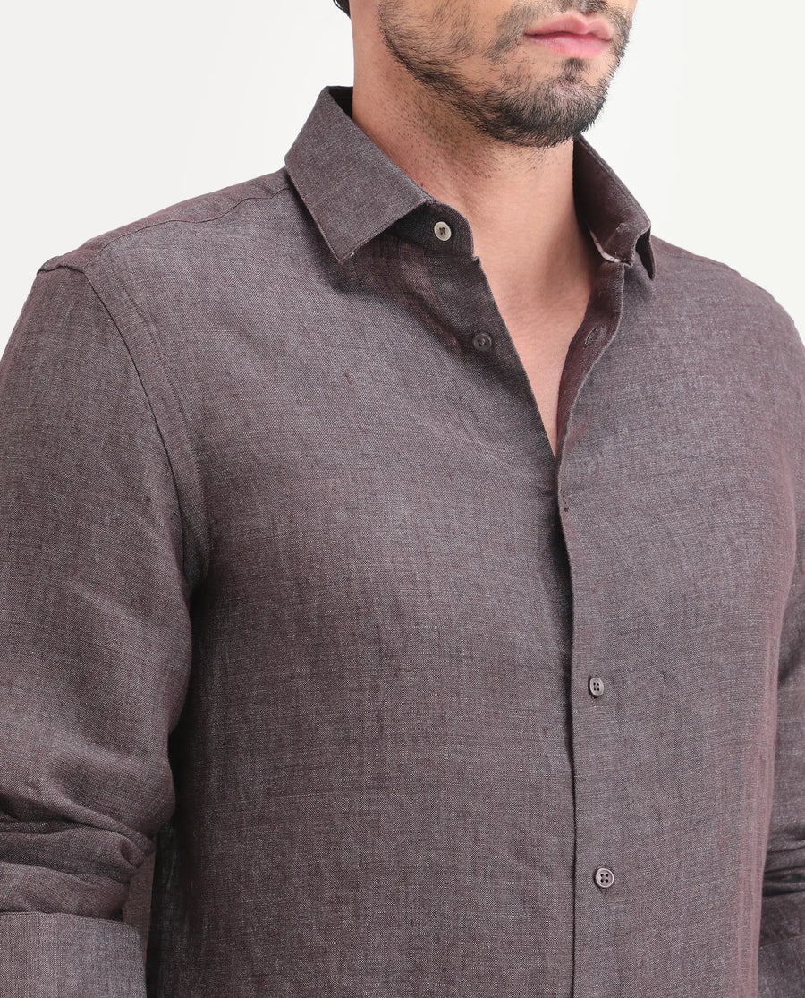 Rare Rabbit Men's Borium-D-26 Dark Grey 100% Linen Full Sleeve Spread Collar Regular Fit Plain Shirt