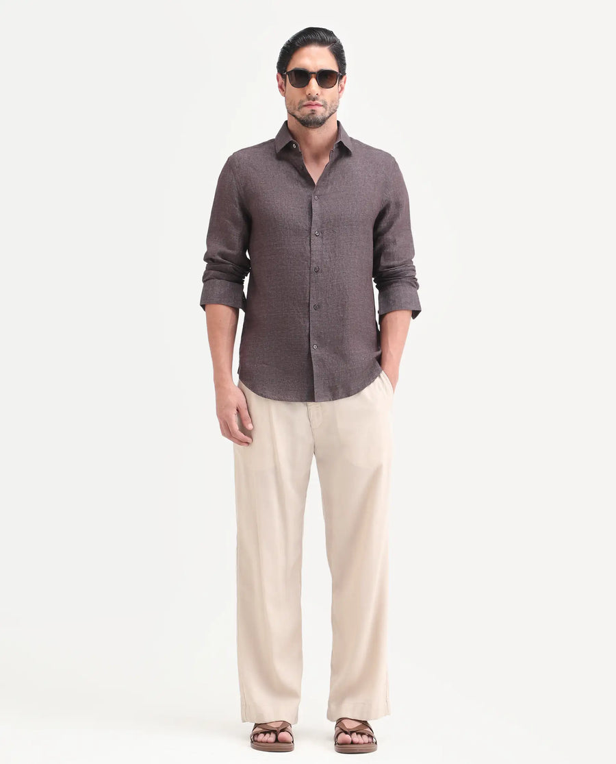 Rare Rabbit Men's Borium-D-26 Dark Grey 100% Linen Full Sleeve Spread Collar Regular Fit Plain Shirt