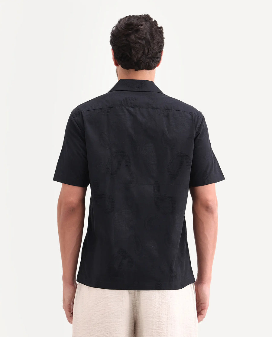Rare Rabbit Men's Reke Black Cotton Half Sleeve Cuban Collar Regular Fit Jacquard Shirt