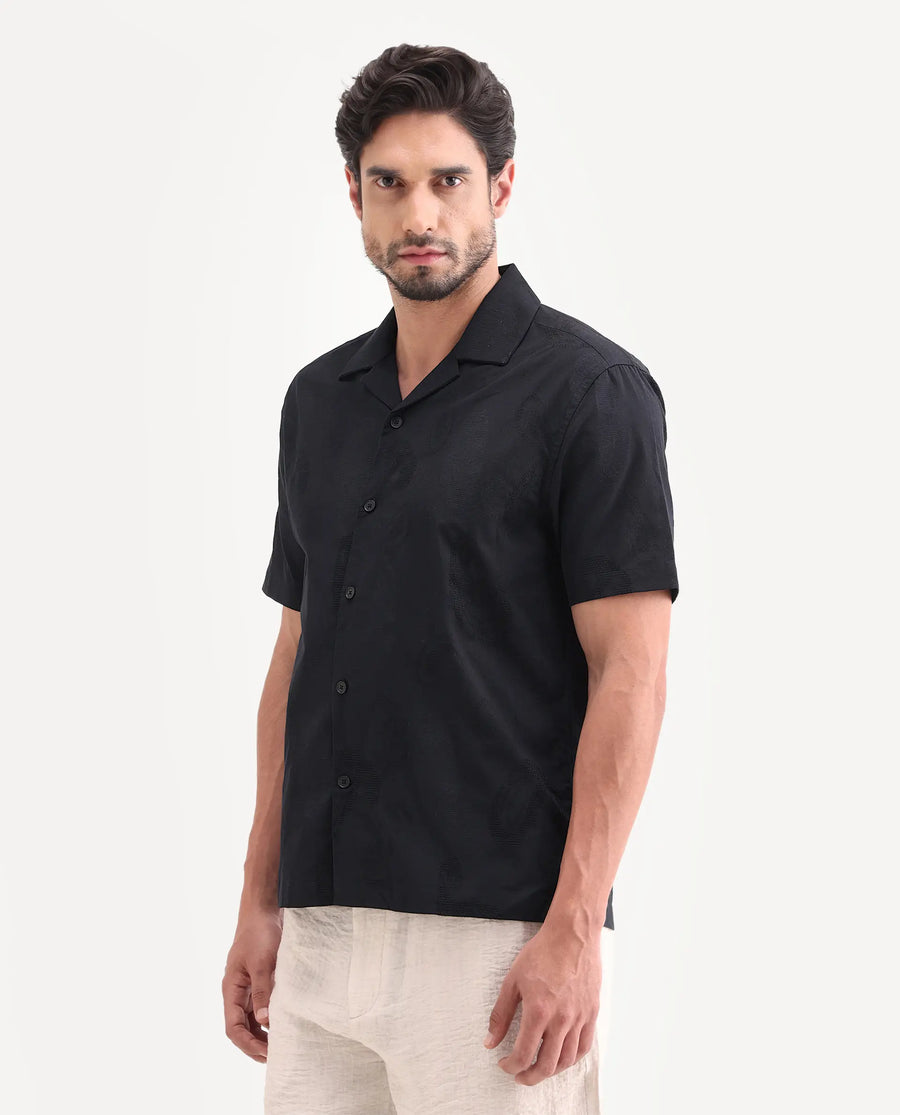 Rare Rabbit Men's Reke Black Cotton Half Sleeve Cuban Collar Regular Fit Jacquard Shirt