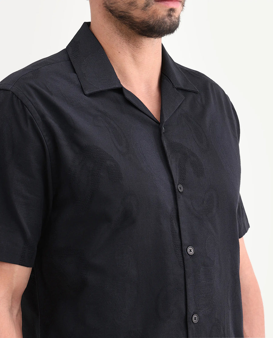 Rare Rabbit Men's Reke Black Cotton Half Sleeve Cuban Collar Regular Fit Jacquard Shirt