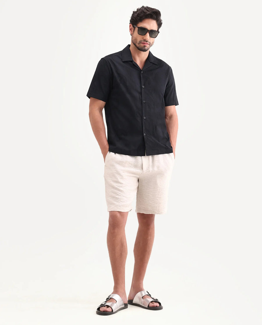 Rare Rabbit Men's Reke Black Cotton Half Sleeve Cuban Collar Regular Fit Jacquard Shirt
