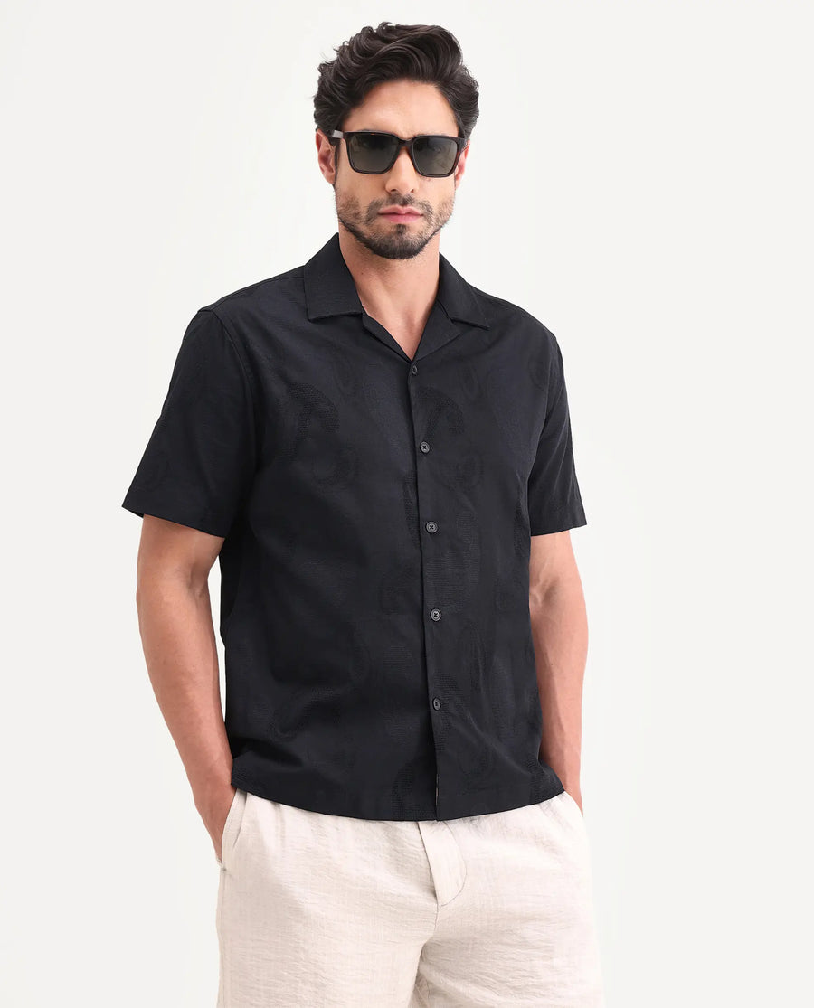 Rare Rabbit Men's Reke Black Cotton Half Sleeve Cuban Collar Regular Fit Jacquard Shirt
