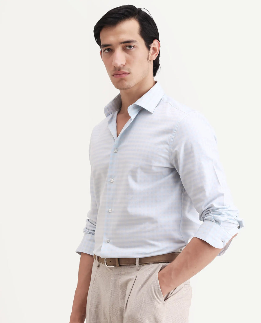 Rare Rabbit Men's Tixo Light Blue Cotton Fabric Full Sleeve Spread Collar Regular Fit Checked Shirt
