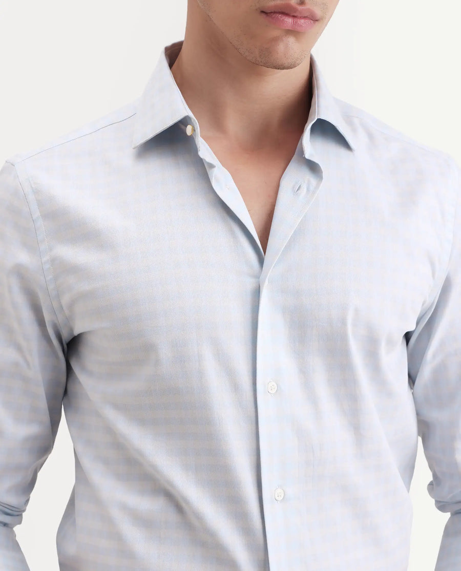 Rare Rabbit Men's Tixo Light Blue Cotton Fabric Full Sleeve Spread Collar Regular Fit Checked Shirt