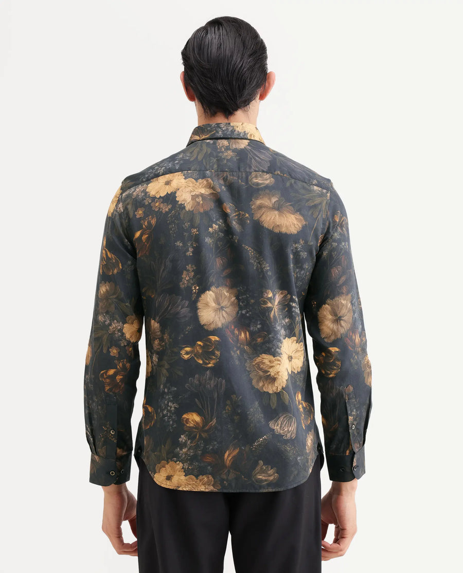 Rare Rabbit Men's Fawn Black Cotton Fabric Full Sleeve Spread Collar Regular Fit Floral Print Shirt