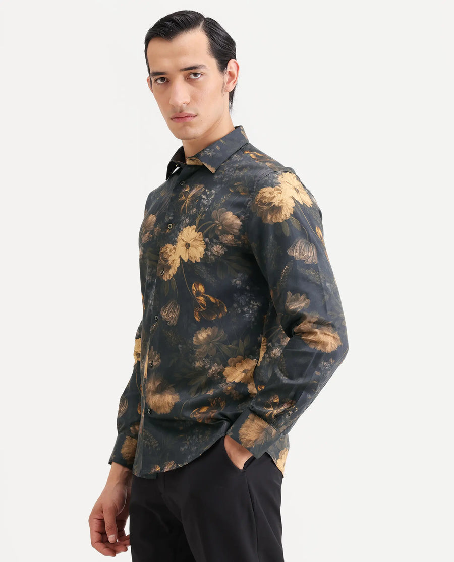 Rare Rabbit Men's Fawn Black Cotton Fabric Full Sleeve Spread Collar Regular Fit Floral Print Shirt