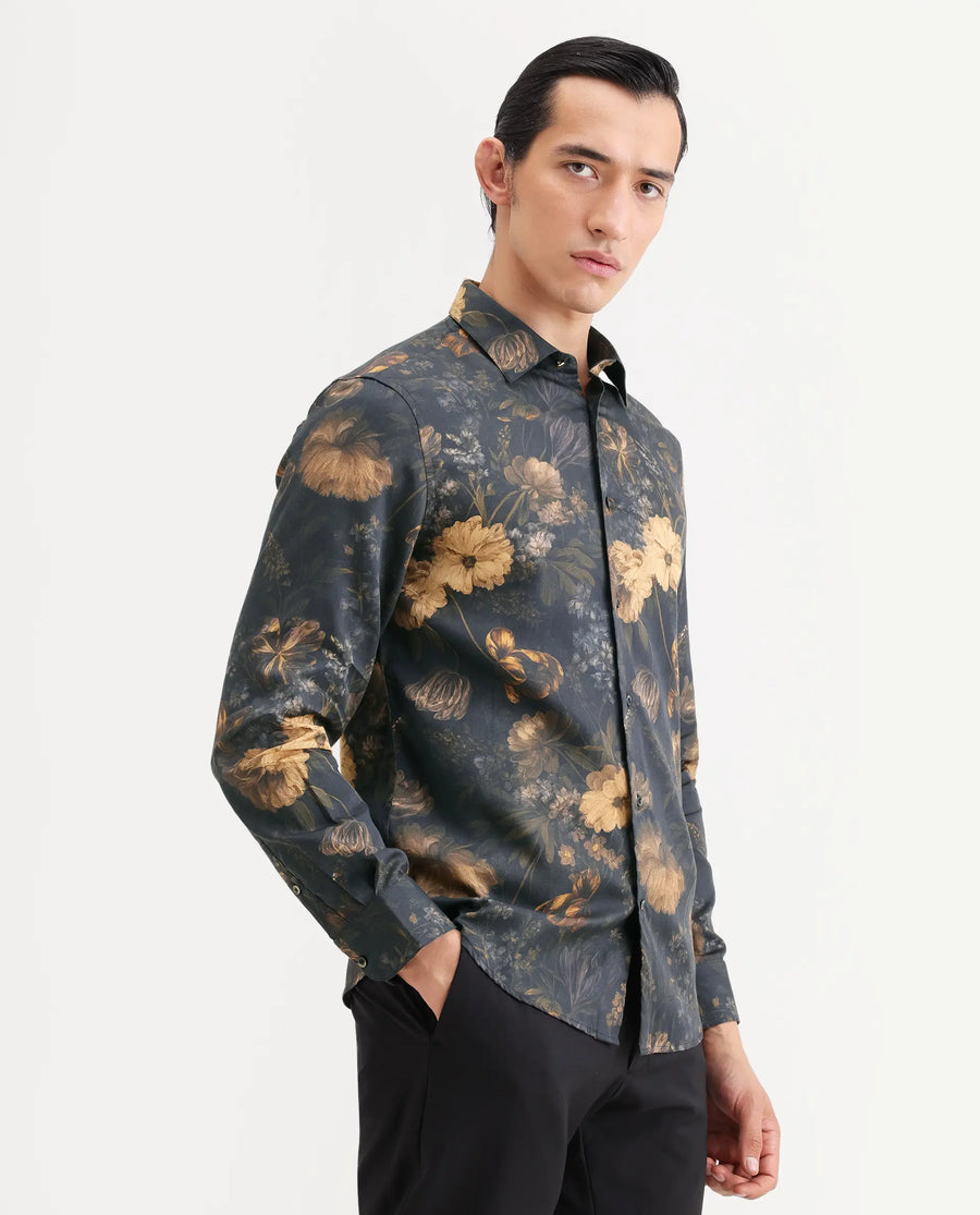 Rare Rabbit Men's Fawn Black Cotton Fabric Full Sleeve Spread Collar Regular Fit Floral Print Shirt