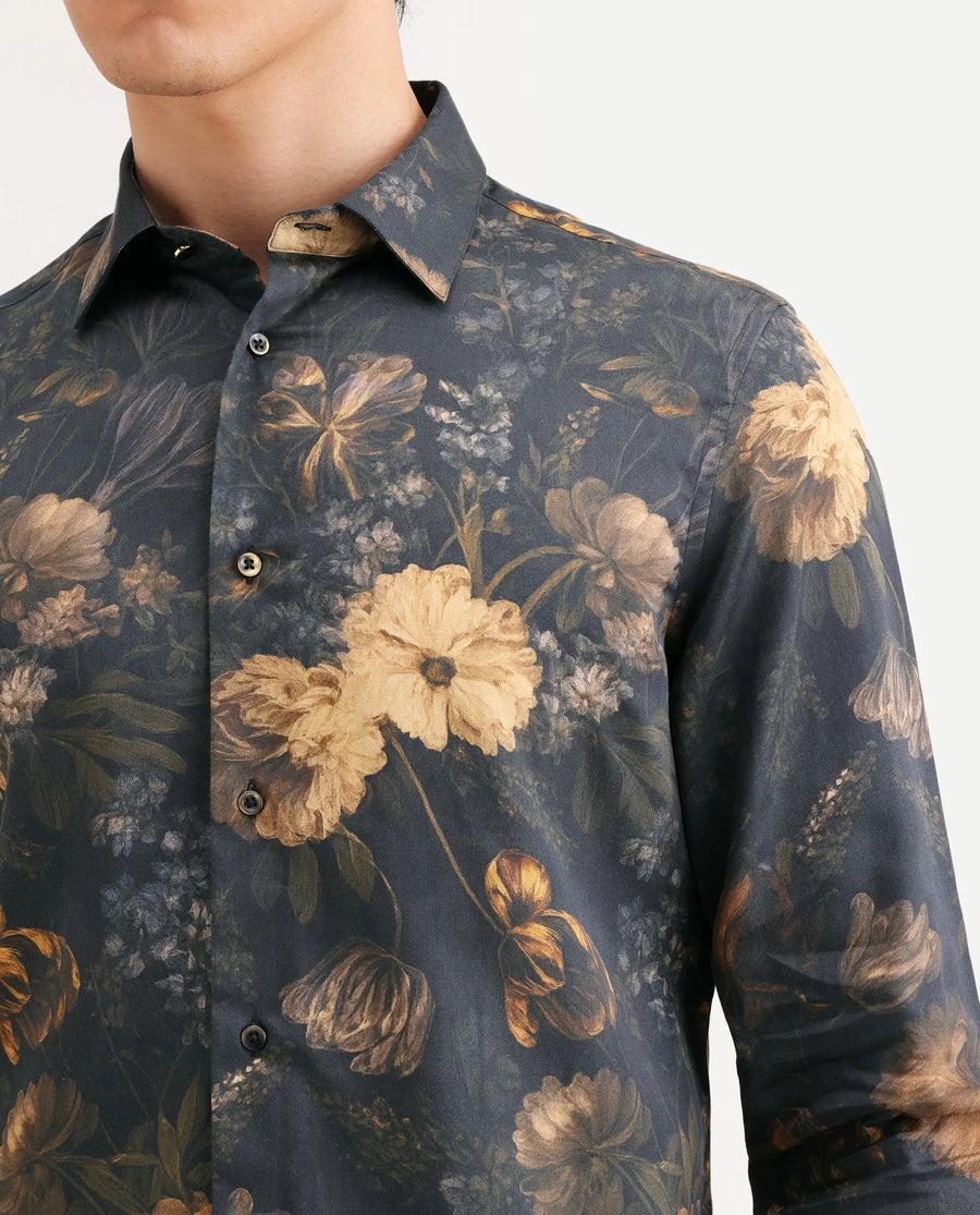 Rare Rabbit Men's Fawn Black Cotton Fabric Full Sleeve Spread Collar Regular Fit Floral Print Shirt