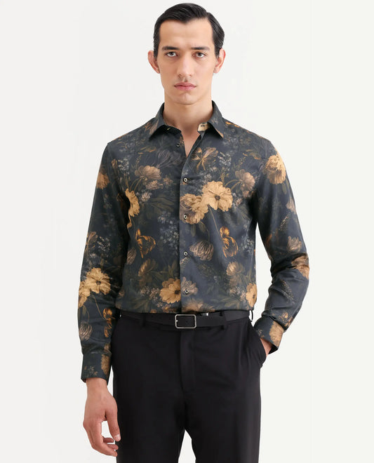 Rare Rabbit Men's Fawn Black Cotton Fabric Full Sleeve Spread Collar Regular Fit Floral Print Shirt