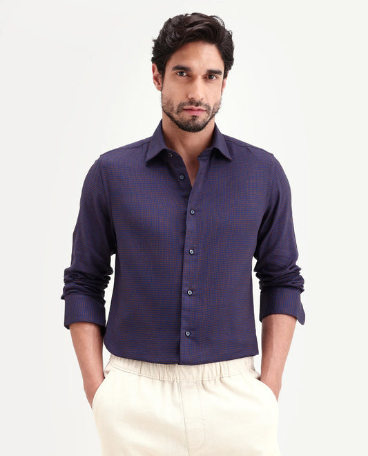 Rare Rabbit Men's Jared Navy Cotton Blend Fabric Full Sleeve Spread Collar Button Regular Fit Checked Shirt