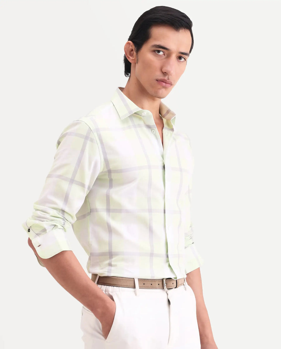 Rare Rabbit Men's Taki Fluorescent Green Cotton Fabric Full Sleeve Spread Collar Regular Fit Checked Shirt