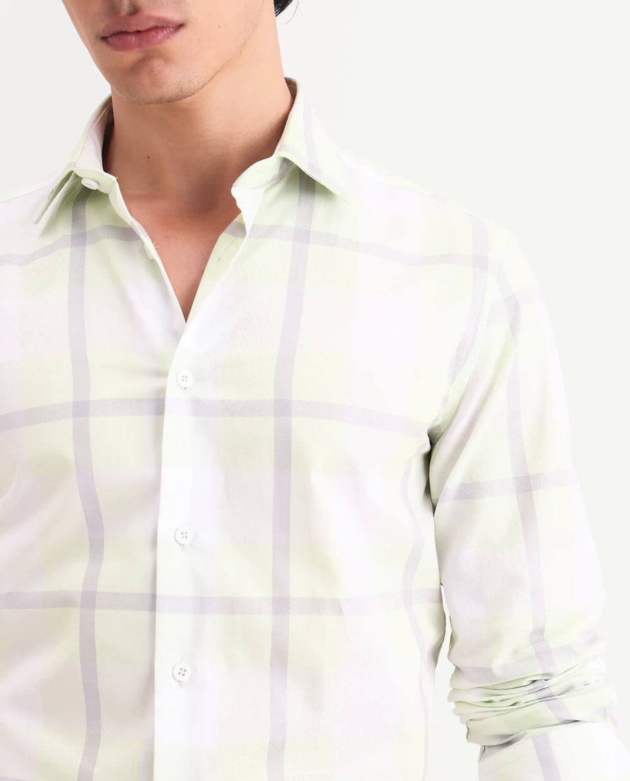 Rare Rabbit Men's Taki Fluorescent Green Cotton Fabric Full Sleeve Spread Collar Regular Fit Checked Shirt