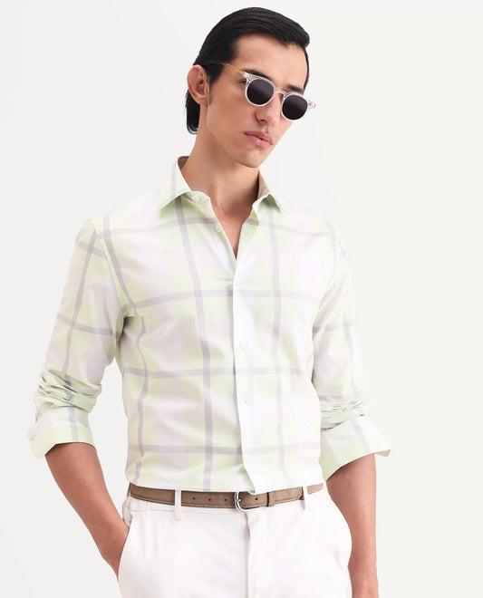 Rare Rabbit Men's Taki Fluorescent Green Cotton Fabric Full Sleeve Spread Collar Regular Fit Checked Shirt
