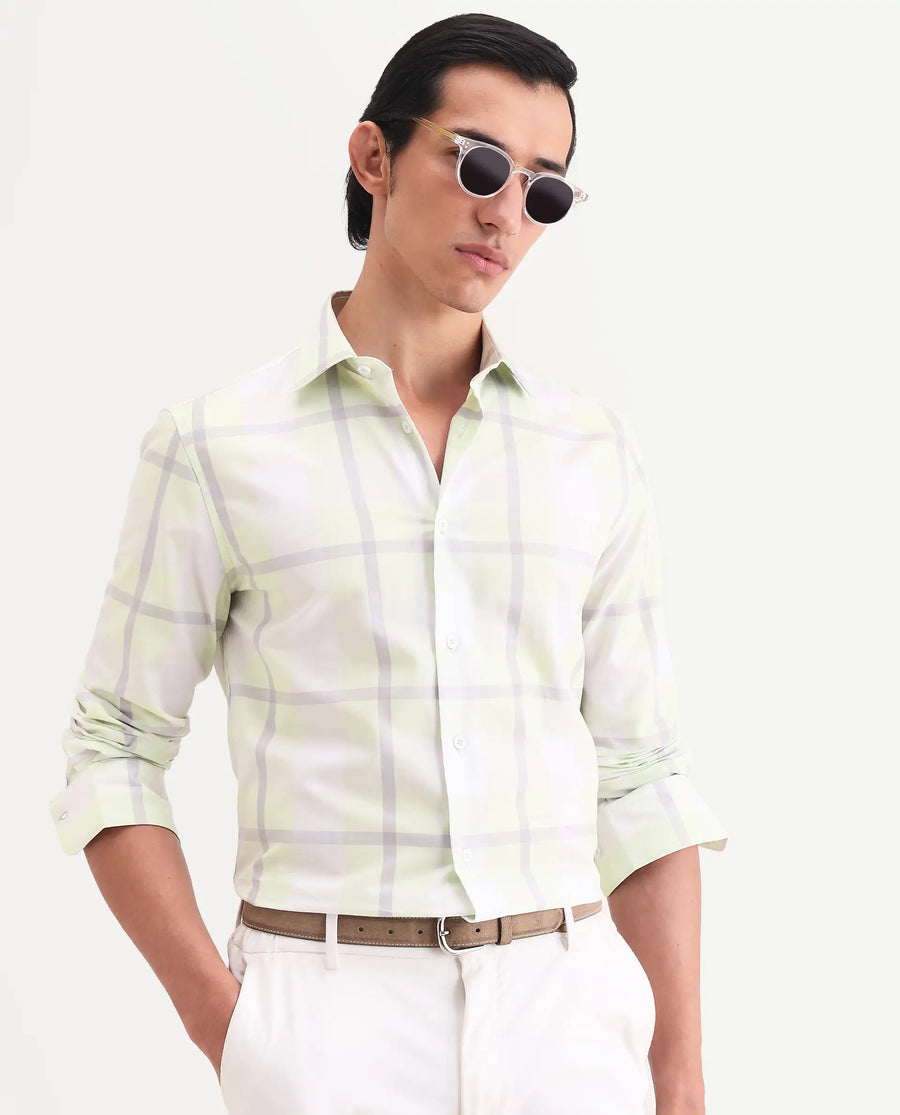 Rare Rabbit Men's Taki Fluorescent Green Cotton Fabric Full Sleeve Spread Collar Regular Fit Checked Shirt