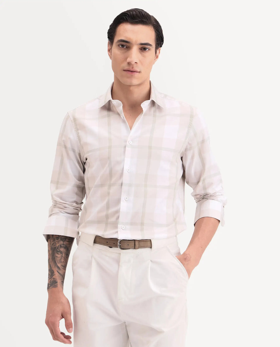 Rare Rabbit Men's Taki Beige Cotton Fabric Full Sleeve Spread Collar Regular Fit Checked Shirt