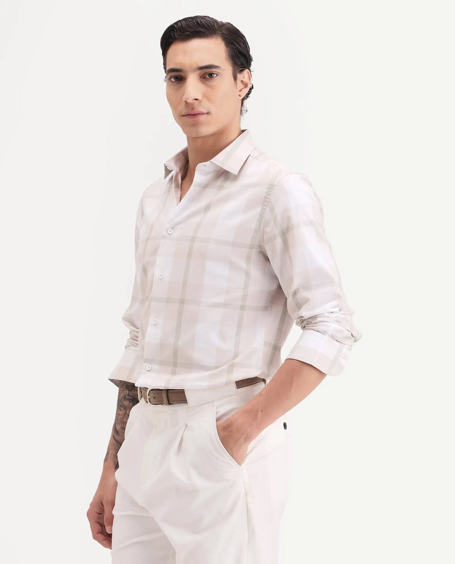 Rare Rabbit Men's Taki Beige Cotton Fabric Full Sleeve Spread Collar Regular Fit Checked Shirt