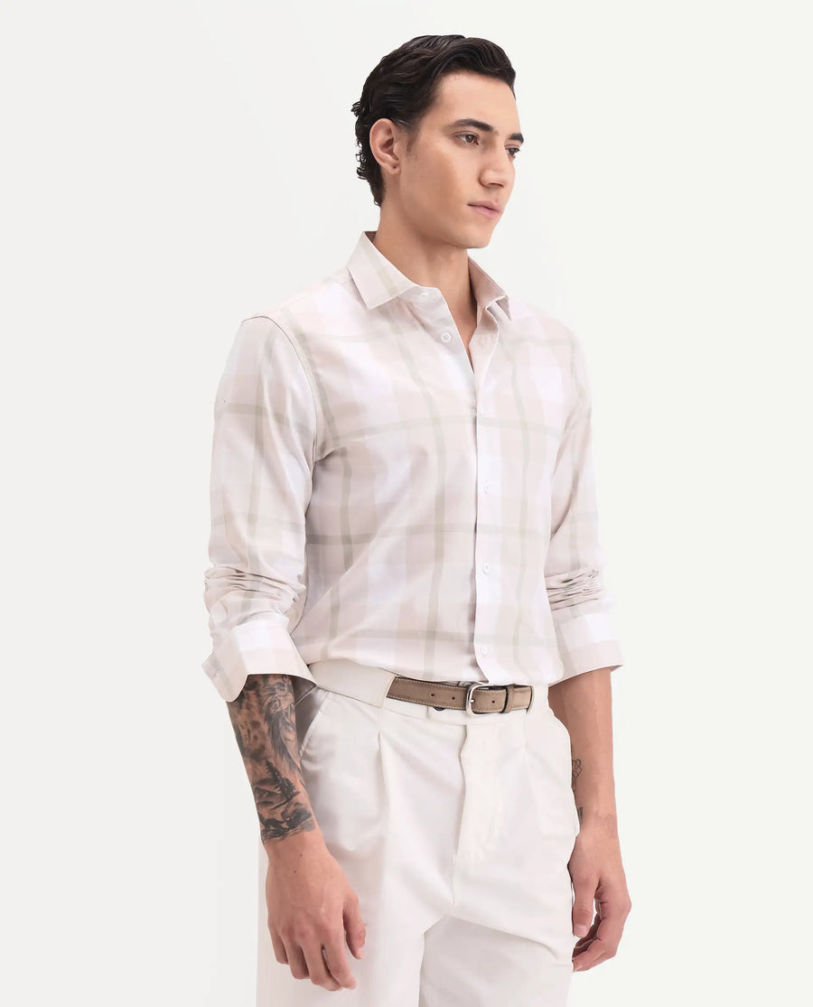Rare Rabbit Men's Taki Beige Cotton Fabric Full Sleeve Spread Collar Regular Fit Checked Shirt