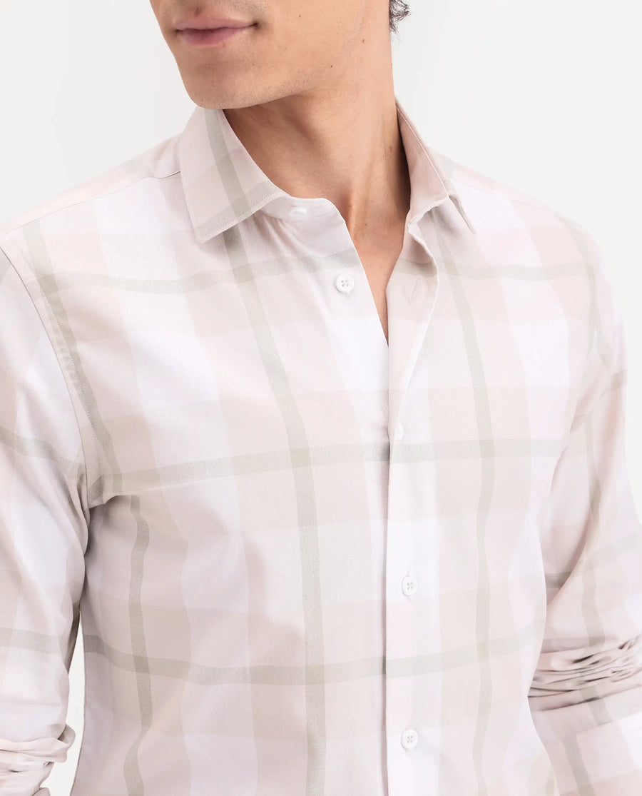Rare Rabbit Men's Taki Beige Cotton Fabric Full Sleeve Spread Collar Regular Fit Checked Shirt