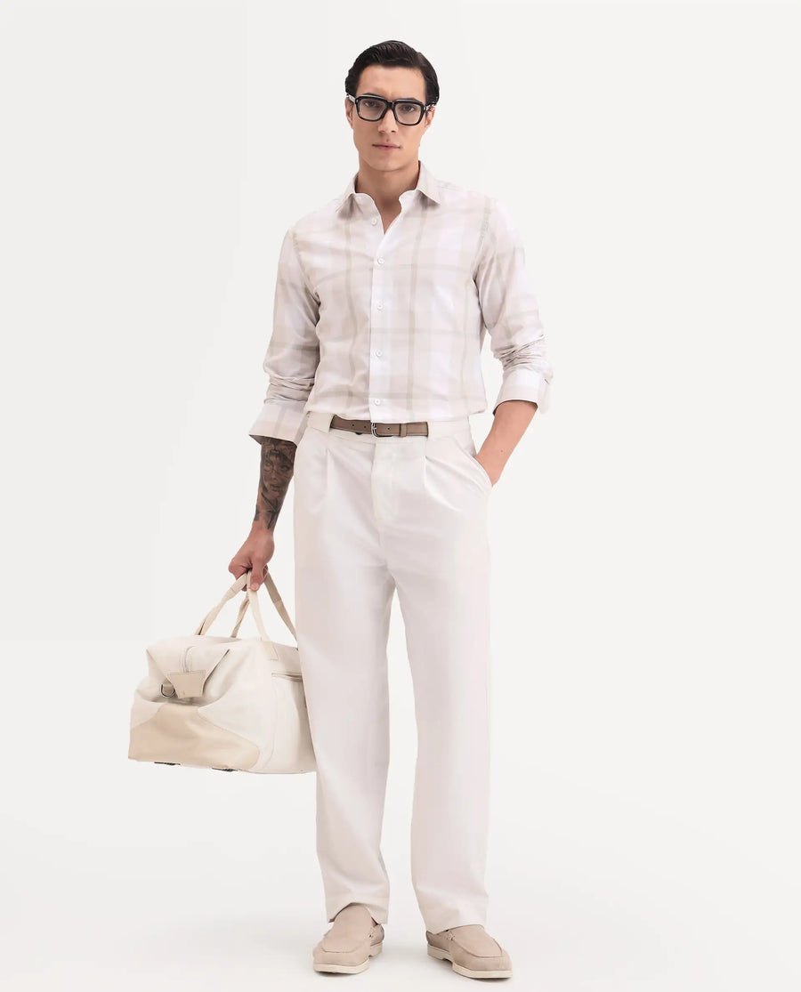 Rare Rabbit Men's Taki Beige Cotton Fabric Full Sleeve Spread Collar Regular Fit Checked Shirt