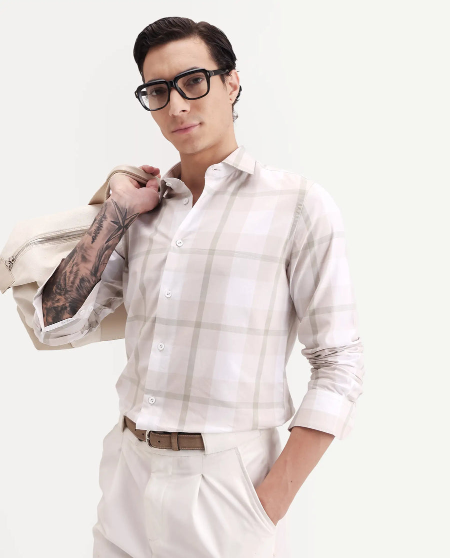 Rare Rabbit Men's Taki Beige Cotton Fabric Full Sleeve Spread Collar Regular Fit Checked Shirt