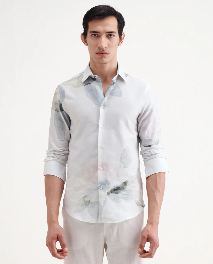Rare Rabbit Men's Tess Off White Cotton Fabric Full Sleeve Spread Collar Regular Fit Floral Print Shirt