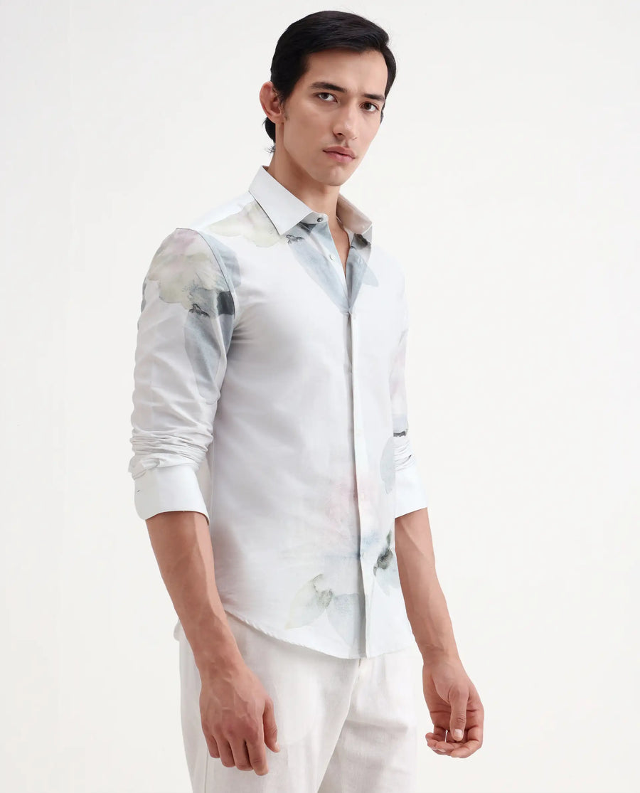 Rare Rabbit Men's Tess Off White Cotton Fabric Full Sleeve Spread Collar Regular Fit Floral Print Shirt