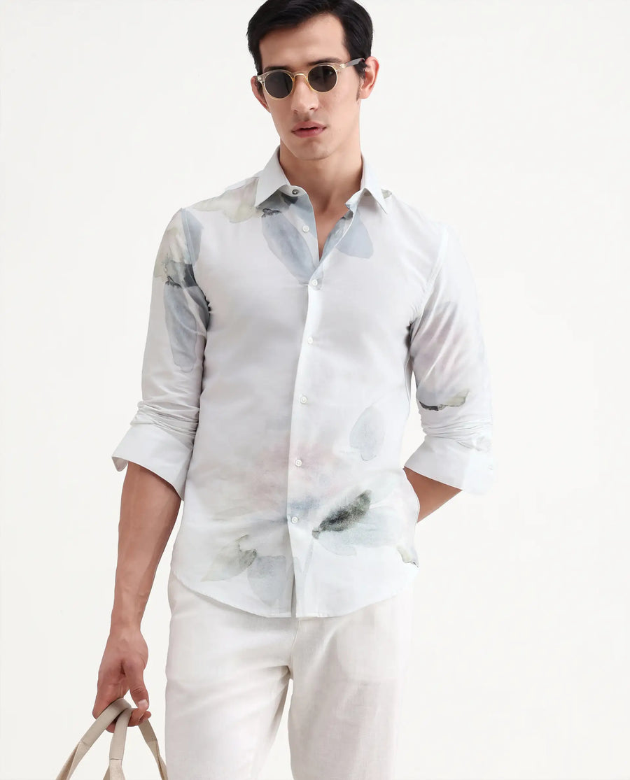 Rare Rabbit Men's Tess Off White Cotton Fabric Full Sleeve Spread Collar Regular Fit Floral Print Shirt
