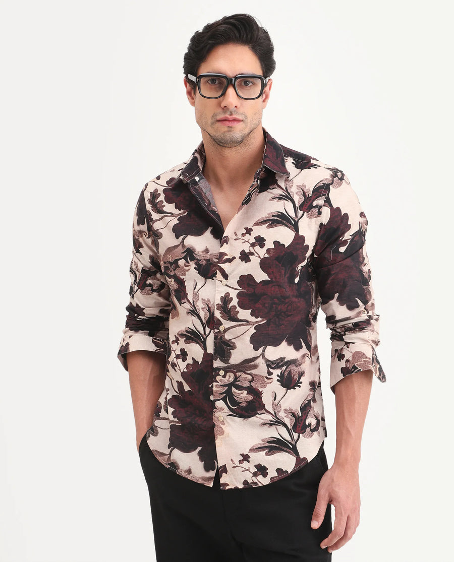 Rare Rabbit Men's Ciel Beige Cotton Fabric Full Sleeve Spread Collar Button Regular Fit Floral Print Shirt