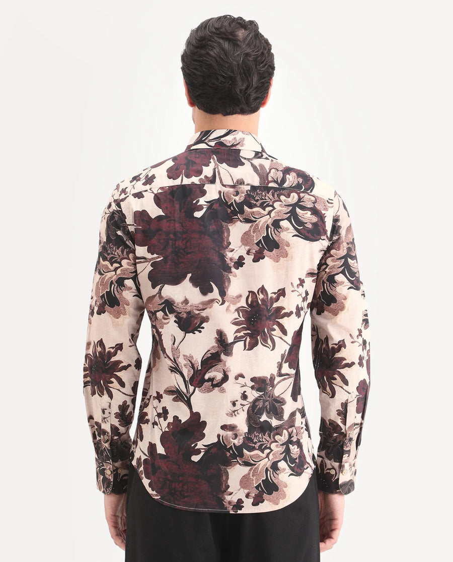 Rare Rabbit Men's Ciel Beige Cotton Fabric Full Sleeve Spread Collar Button Regular Fit Floral Print Shirt
