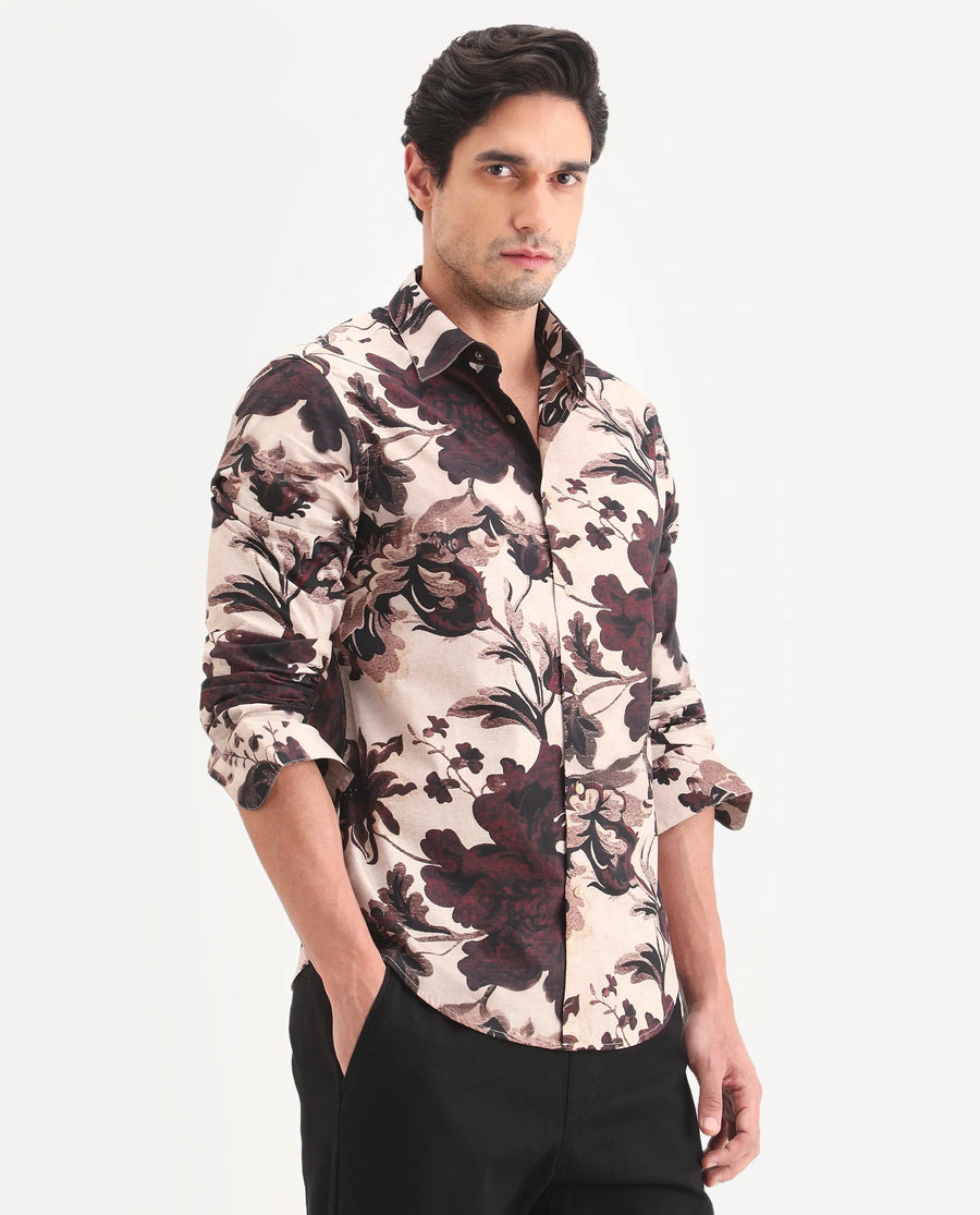 Rare Rabbit Men's Ciel Beige Cotton Fabric Full Sleeve Spread Collar Button Regular Fit Floral Print Shirt